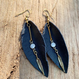 Leather Feather Earrings - Navy Blue with gold and crystal