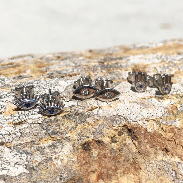 Sterling Silver Evil Eye Studs with lashes and blue cubic zirconia