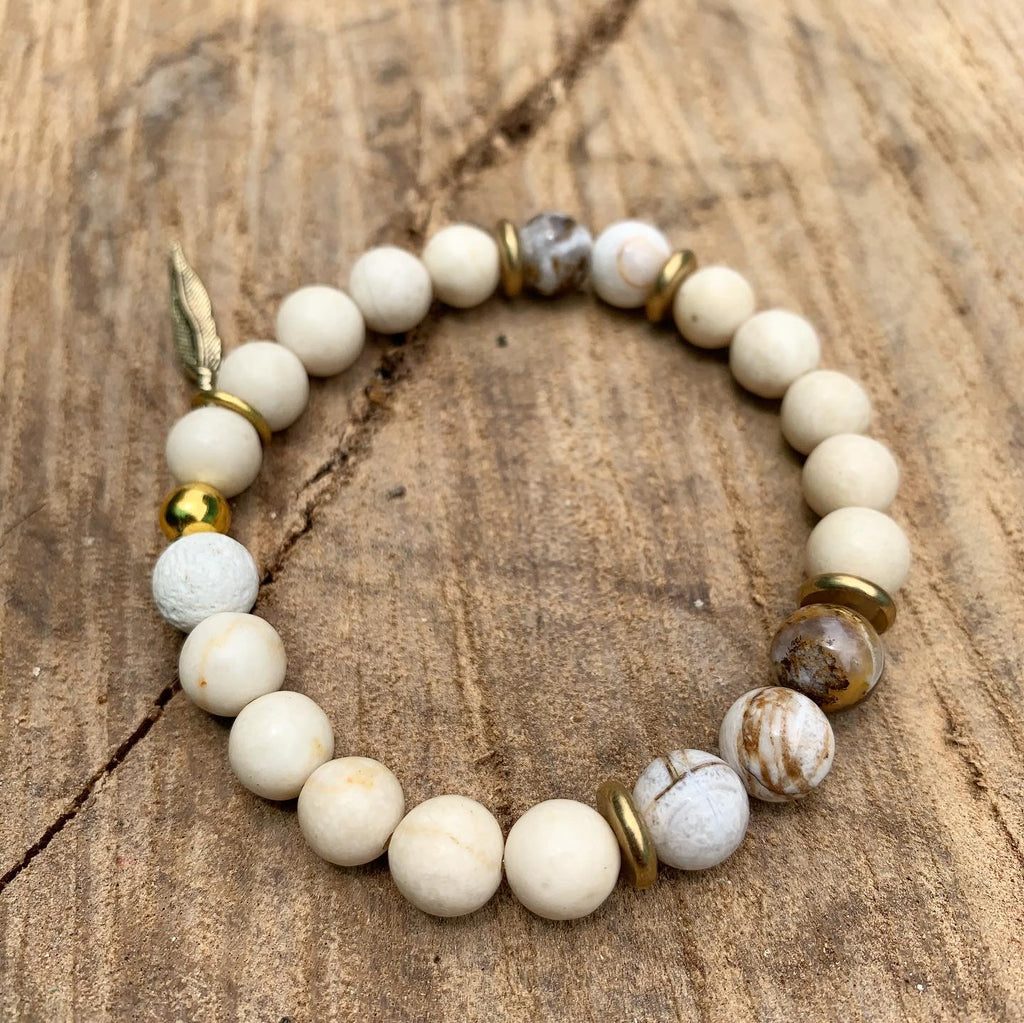 Riverstone, Wood Jasper, White Coral Stretch Bracelet