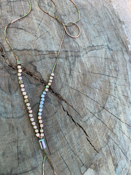 Y-Style Modular Zip Vintage Brass Necklace. Gold with Silver Metallic Beads