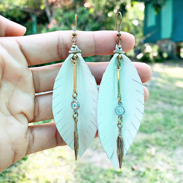 Leather Feather Earrings - White with gold and crystal