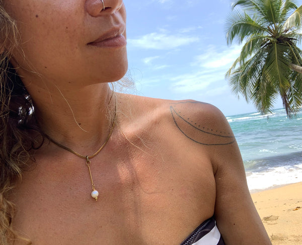 Freshwater pearl flat vintage brass snake chain