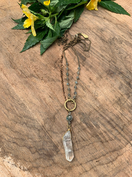 Quartz Crystal and Labradorite Necklace - Vintage Brass