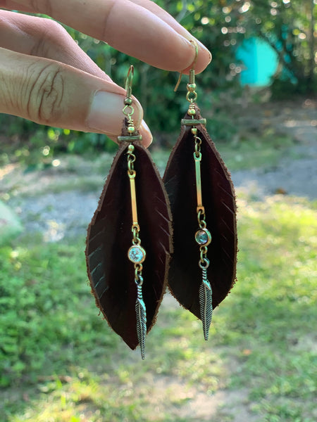 Leather Feather Fringe Earrings - Burgundy with gold and crystal detail