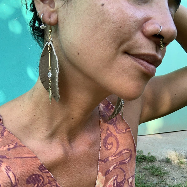 Leather Feather Fringe Earrings - Beige with gold and crystal