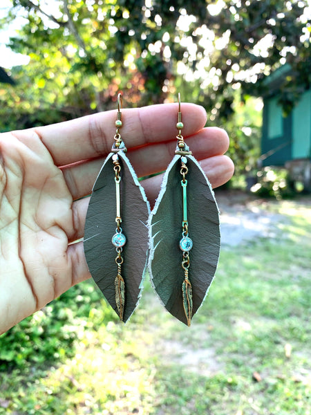 Leather Feather Fringe Earrings - Beige with gold and crystal