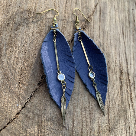 Leather Feather Tassel Earrings - Navy Blue, Long & Skinny vintage brass and onyx stone