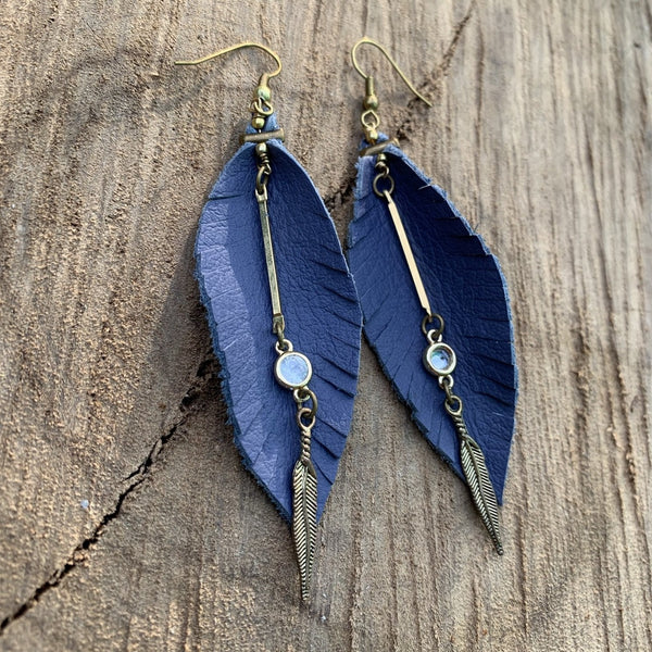Leather Feather Fringe Earrings - Periwinkle with gold and crystal