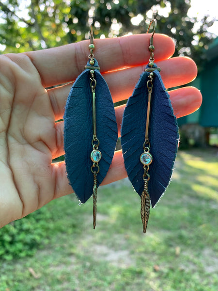 Leather Feather Fringe Earrings - Periwinkle with gold and crystal