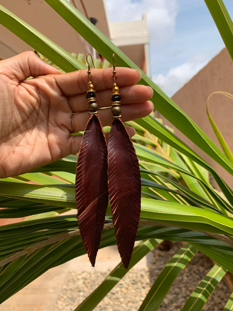 Leather Feather Tassel Earrings - Burgundy Long & Skinny vintage brass and onyx stone