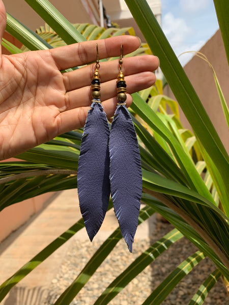 Leather Feather Fringe Earrings - Periwinkle with gold and crystal