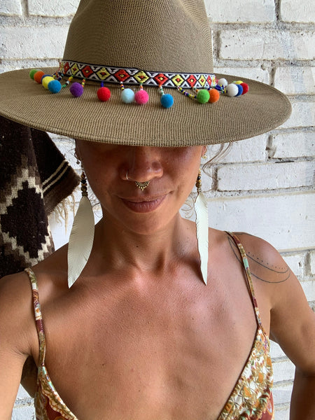 Leather Feather Tassel Earrings - White, Long & Skinny with brass and onyx detail