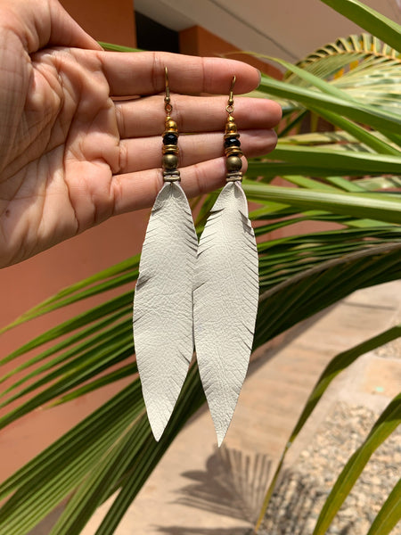Leather Feather Tassel Earrings - White, Long & Skinny with brass and onyx detail