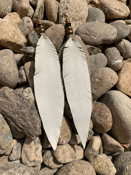 Leather Feather Tassel Earrings - White, Long & Skinny with brass and onyx detail