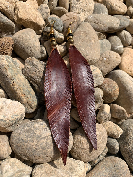 Leather Feather Tassel Earrings - Burgundy Long & Skinny vintage brass and onyx stone