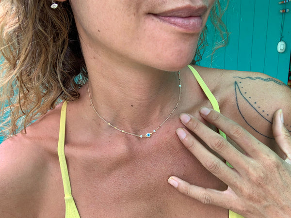 Evil Eye, Light Blue, Dainty Fancy Chain - 14k Gold Plate Necklace with Fresh Water Pearls