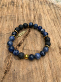 Sodalite, Black Lava Stone, Bonze Stretch Bracelet