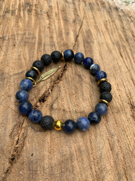 Sodalite, Black Lava Stone, Bonze Stretch Bracelet