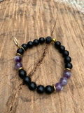 Amethyst, Onyx, Black Lava Stone, Silver, Bonze Stretch Bracelet