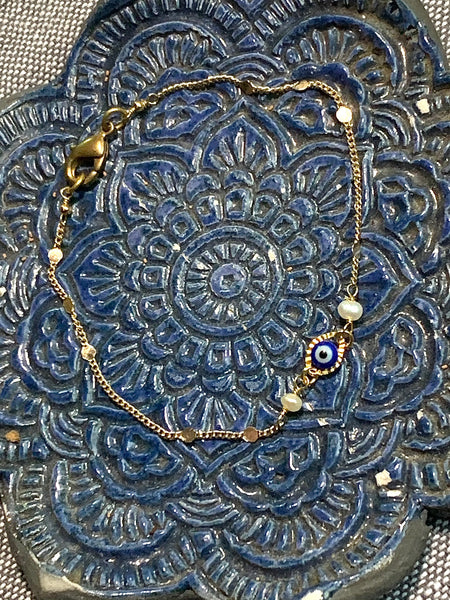 Evil Eye, Light Blue, Dainty Fancy Chain - 14k Gold Plate Necklace with Fresh Water Pearls