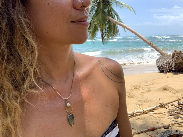 Labradorite arrowhead pendant. Mixed metal Necklace. Dainty vintage brass box chain.