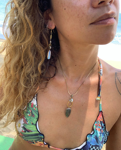 Opalite dangle earrings with freshwater pearl. Vintage brass detail.