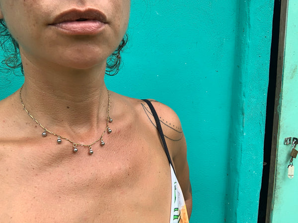 Silver ball dangle necklace. Vintage brass bar chain