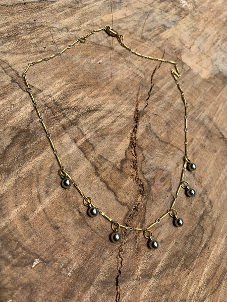 Silver ball dangle necklace. Vintage brass bar chain