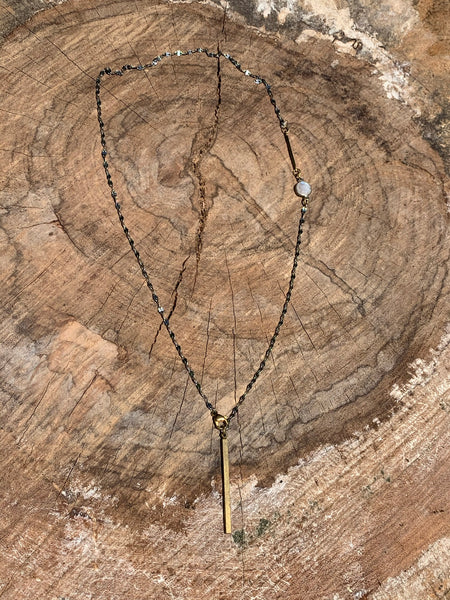 Silver plated fancy chain with Moonstone and brass bar detail