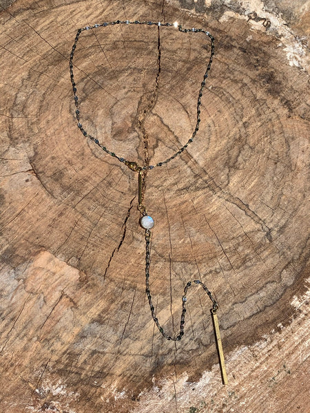 Silver plated fancy chain with Moonstone and brass bar detail