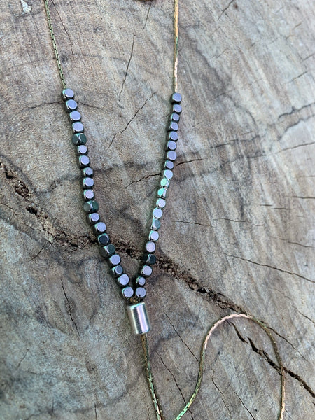 Y-Style Modular Zip Vintage Brass Necklace. Gunmetal with Silver Metallic Beads