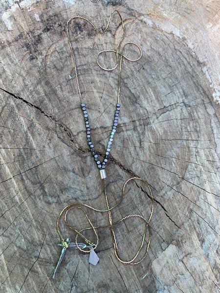 Y-Style Modular Zip Vintage Brass Necklace. Gunmetal with Silver Metallic Beads