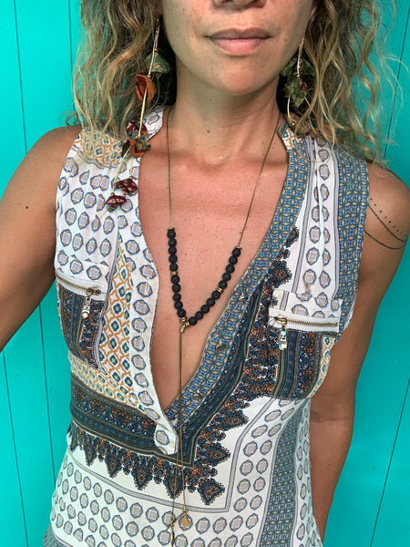 Y-Style Modular Zip Vintage Brass Necklace. Black Lava Stone with Gold Spacers