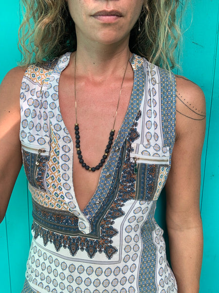 Y-Style Modular Zip Vintage Brass Necklace. Black Lava Stone with Gold Spacers