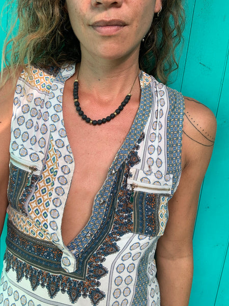 Y-Style Modular Zip Vintage Brass Necklace. Black Lava Stone with Gold Spacers