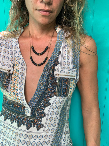 Y-Style Modular Zip Vintage Brass Necklace. Black Lava Stone with Gold Spacers