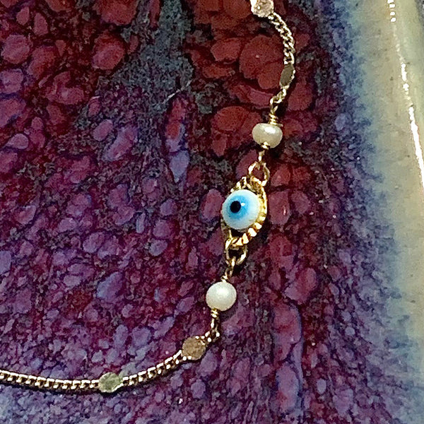 Evil Eye, Light Blue, Dainty Fancy Chain - 14k plated gold bracelet with Freshwater Pearls