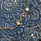 Evil Eye, Medium Blue, Dainty Fancy Chain - 14k plated gold bracelet with Fresh Water Pearls