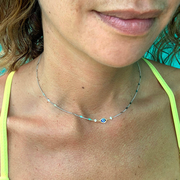 Evil Eye, Medium Blue, Dainty Fancy Chain - Sterling Silver Plate Necklace with Fresh Water Pearls