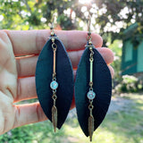 Leather Feather Earrings - Navy Blue with gold and crystal