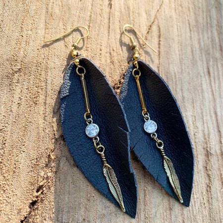 Leather Feather Tassel Earrings - Burgundy Long & Skinny vintage brass and onyx stone