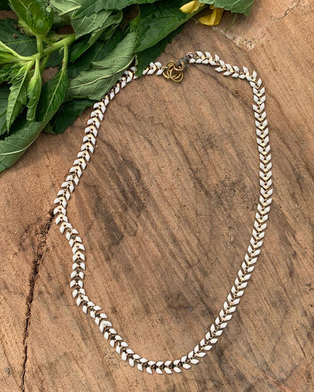 Silver plated fancy chain with 14k plate and brass bar detail