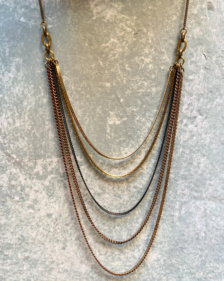 Y-Style Modular Zip Vintage Brass Necklace. Antique Bronze and Gold Metallic Beads