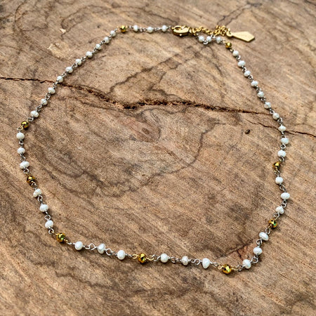 Stars and freshwater pearl dainty collar. Vintage brass curb link chain.