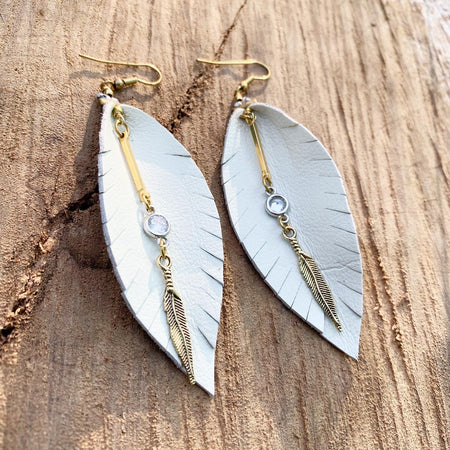 Leather Feather Fringe Earrings - Beige with gold and crystal