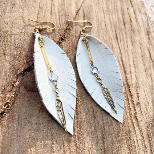 Leather Feather Earrings - White with gold and crystal