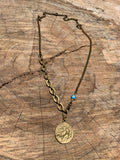 Grecian medallion with adjustable vintage brass chain with evil eye detail