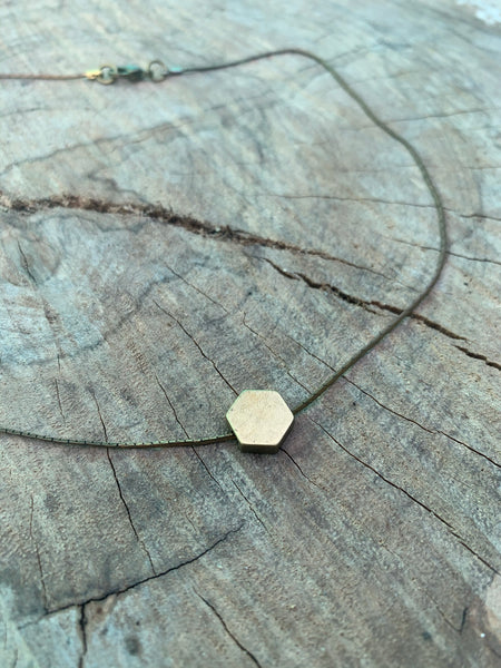 Hexagon brass pendant. Vintage brass box snake chain