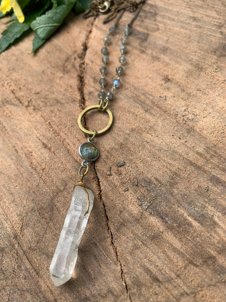 Quartz Crystal and Labradorite Necklace - Vintage Brass