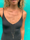 Y-Style Modular Zip Vintage Brass Necklace. Gold with Silver Metallic Beads